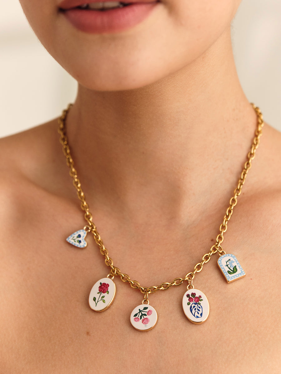Floral Charm Enamel Necklace